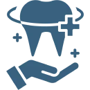 Dental care icon with tooth and hand